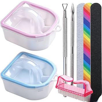 Nail Soaking Bowl, Borogo 2PCS Soak Off Gel Polish Dip Powder Remover Manicure Bowl for Acrylic Nails, Nail Brush, Cuticle Pusher, Cuticle Peeler, 100/180 Nail File, Buffer Block