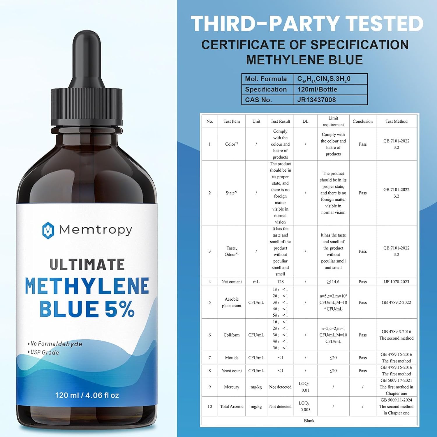 Methylene Blue Pharmaceutical Grade 4.06 fl oz (120 mL), 99% Purity Supplement for Humans, Formaldehyde-Free, Alcohol-Free, Glass Bottle
