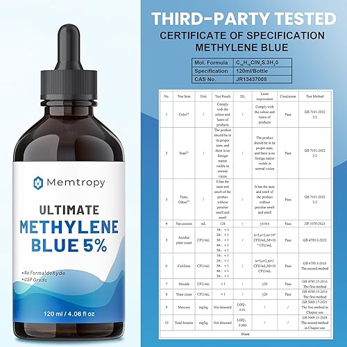 Miniatura 6 de Azul de metileno grado farmacéutico 4.06 fl oz (4.1 fl oz), suplemento de pureza del 99% para humanos, sin formaldehído, sin alcohol, botella de