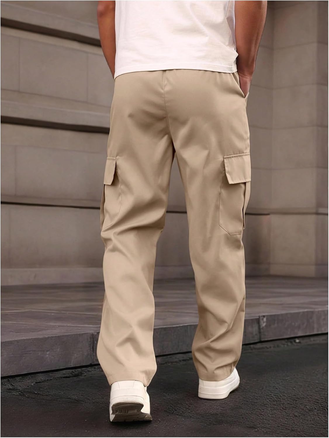 Men's Straight Leg Cargo Pants Drawstring Waist Outdoor Hiking Pants Trousers with Pockets - Image 2