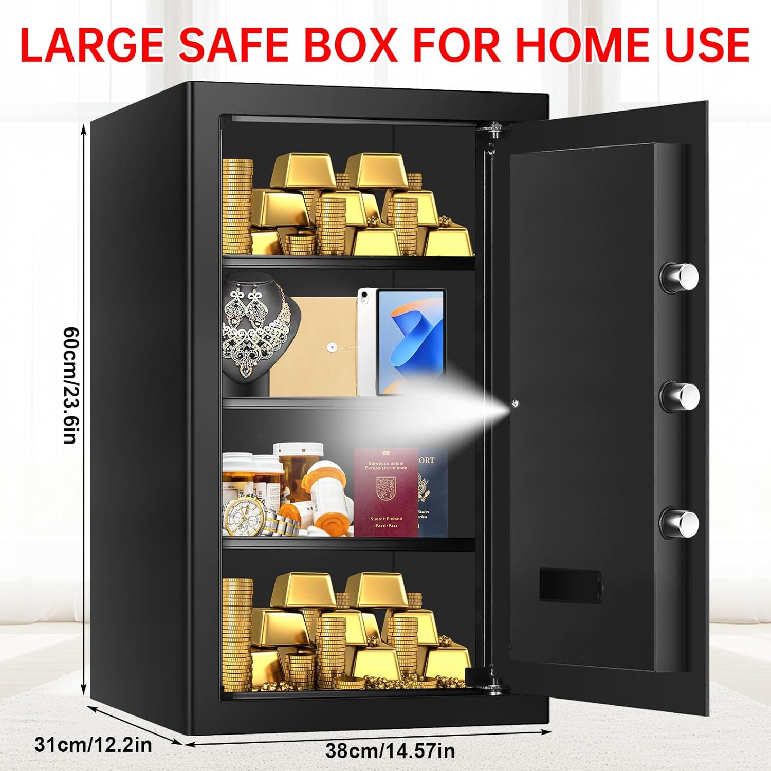 5.0 cuft large home safe fireproof waterproof, anti-theft fireproof safe box with programmable keypad, spare keys and alarm system, fire safes for home money document valuables 5.0 cub
