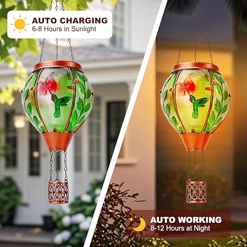 Miniatura 6 de Linterna solar de globo de aire caliente de colibrí, decoración al aire libre con luces de llama, impermeable, luces colgantes para jardín, patio,
