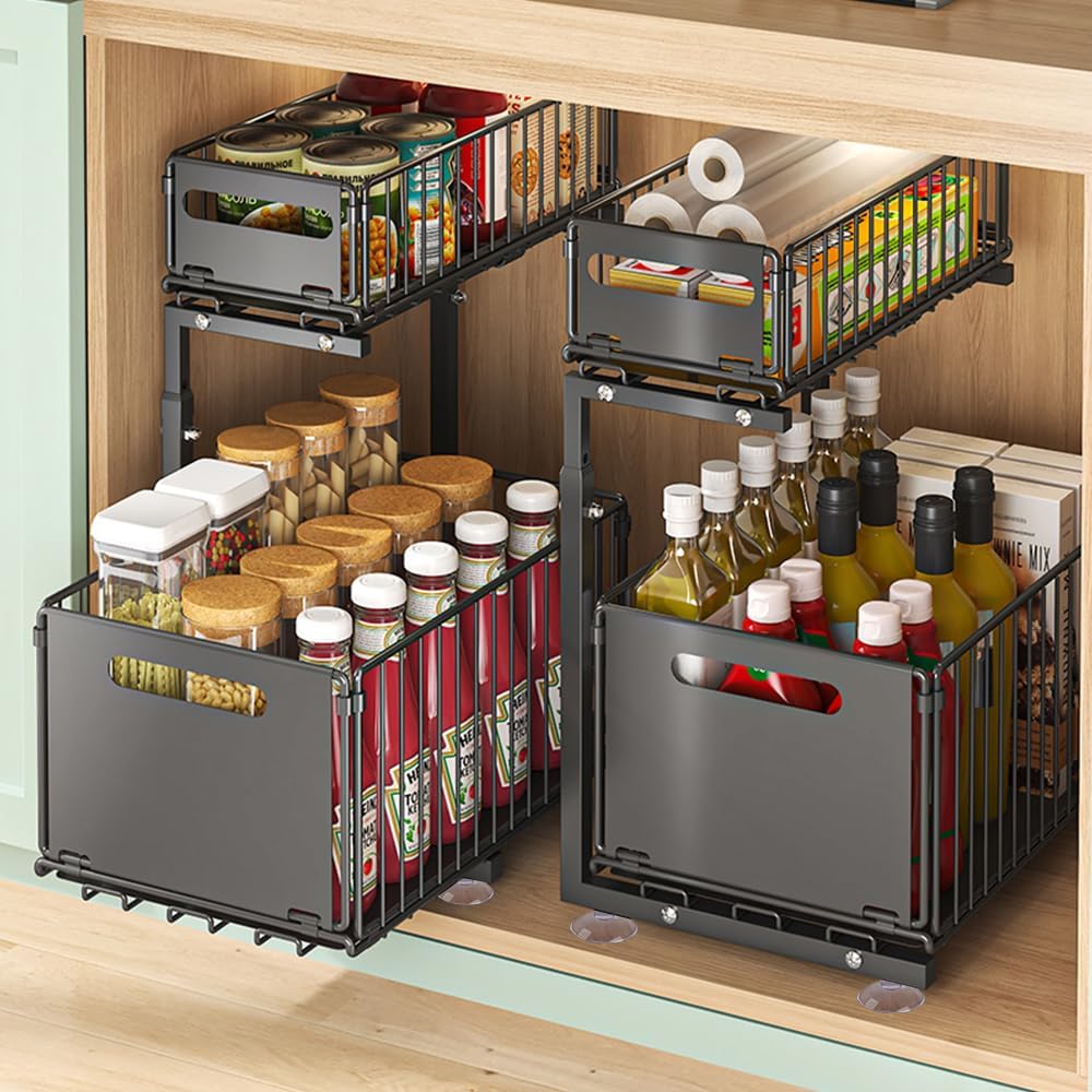 Kitchen Cabinet Organiser with Adjustable Height 41-49 cm, 2 Levels Extendable Kitchen Organiser, Kitchen Shelf, Worktop, Metal Undersink for Bathroom, Kitchen (L Layer) image 4