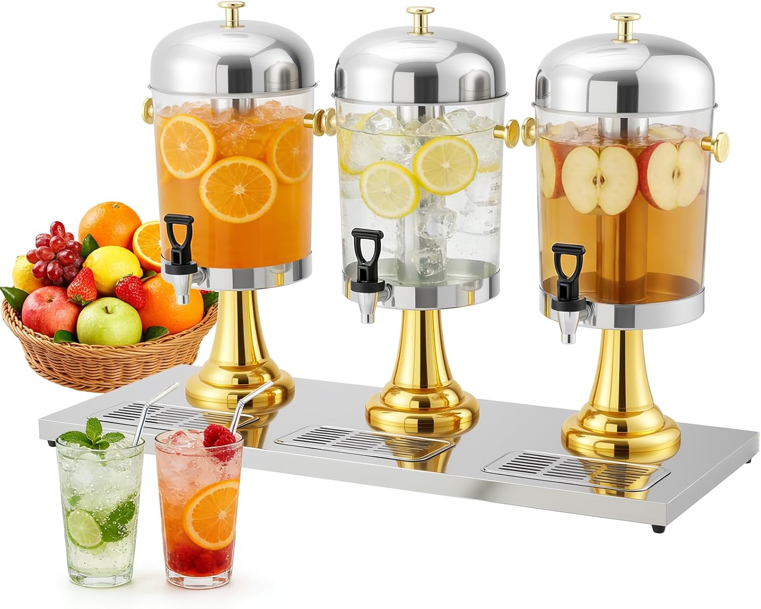 Commercial Cold Drink Dispenser, 6.6 Gallon Large Capacity Beverage Dispenser with Ice Core, Stand & Spigot, Stainless Steel Juice Dispenser for Parties, Weddings, Hotels & Catering, Gold