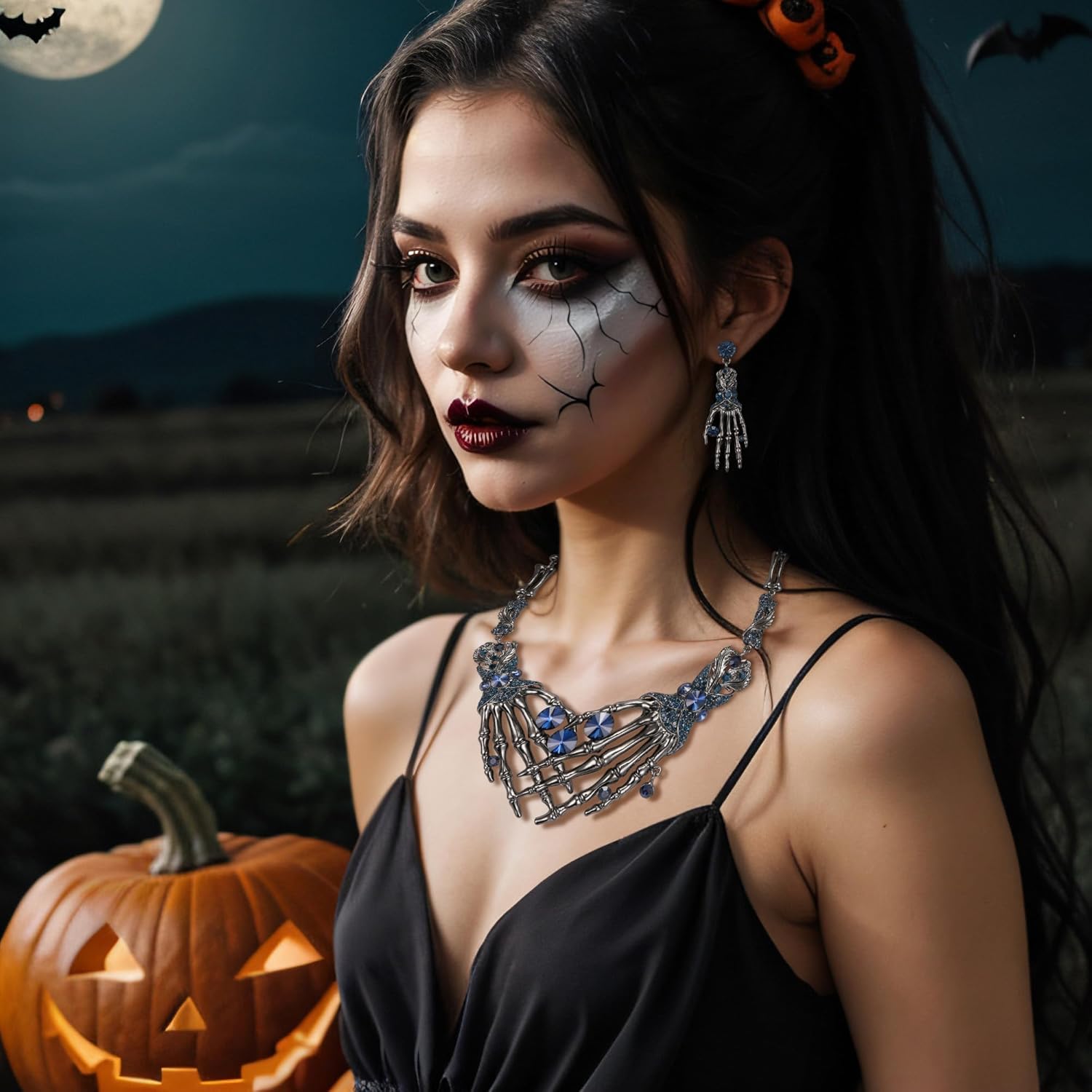 EVER FAITH Austrian Crystal Halloween Skeleton Hand Skull Necklace Earrings Set