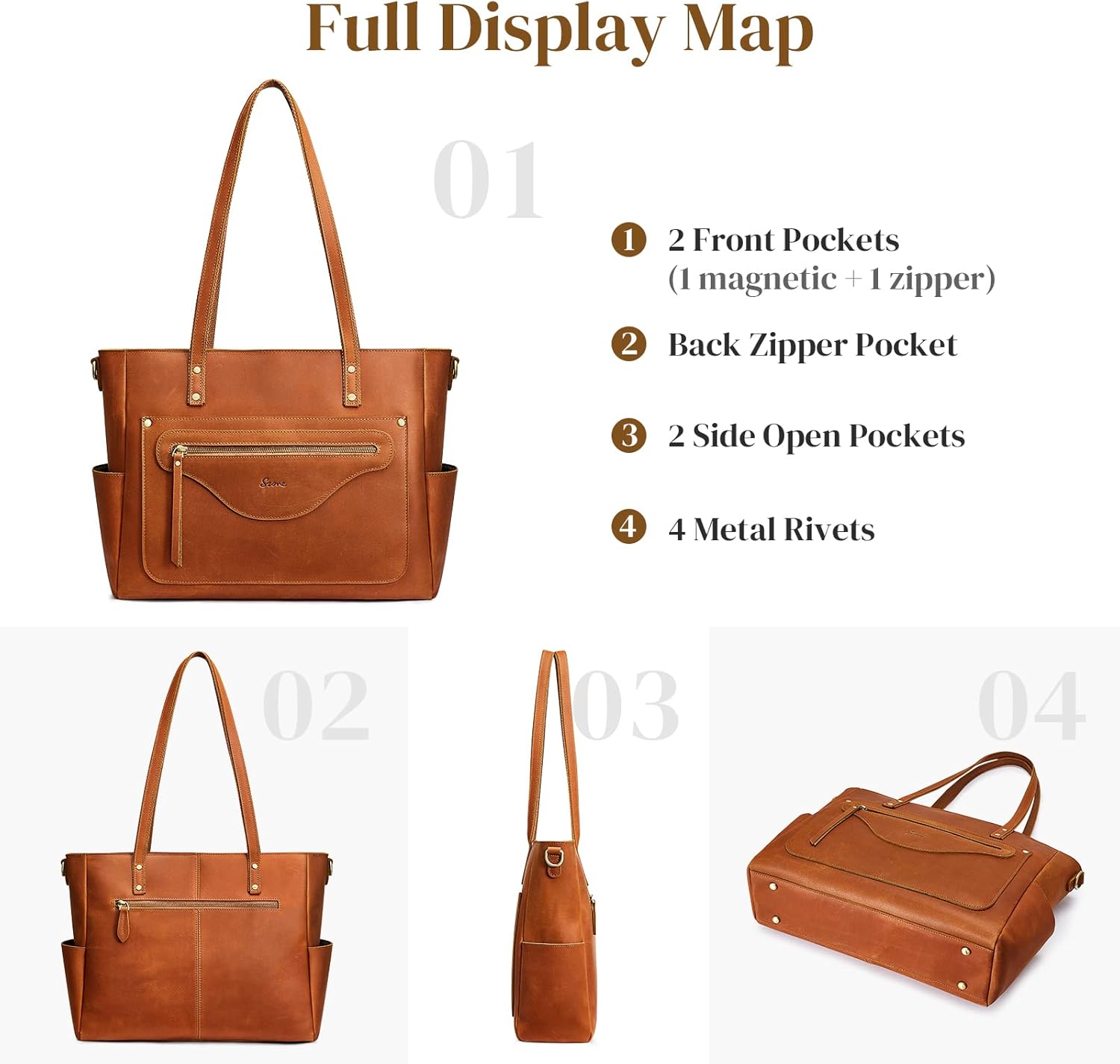 S-ZONE Women Genuine Leather Tote Bag Large Shoulder Purse Vintage Crossbody Work Handbag - Image 6