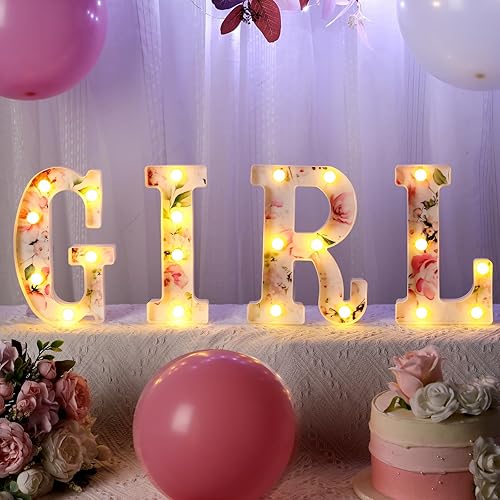 Miniatura 3 de Realspring Letrero de letras para niña, marquesina de bebé, letras iluminadas con flores LED, centros de mesa para baby shower, decoración para