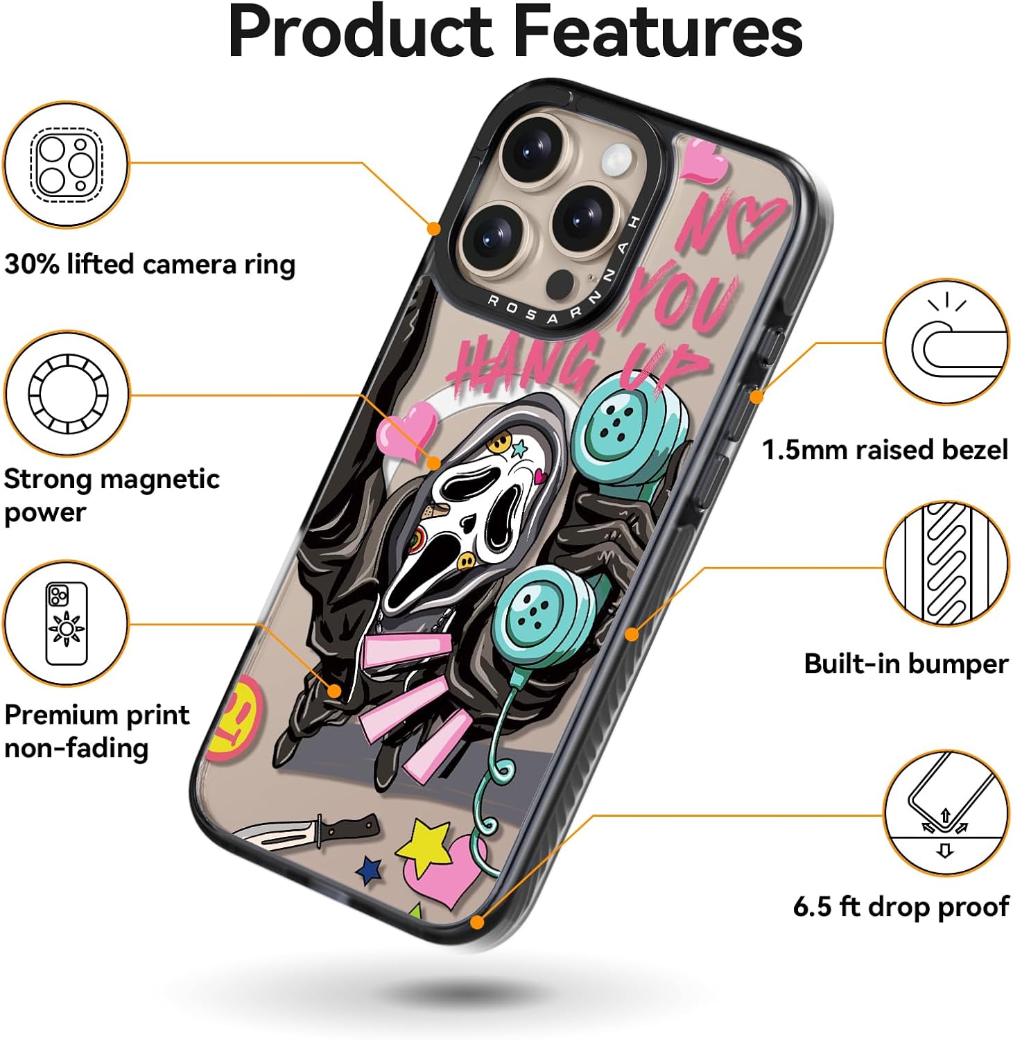 Rosarnnah Magnetic for iPhone 16 Pro Max Magsafe Case Cute - Durable Shockproof 6.6 ft Drop Impact Phone Case - Black Funny Skeleton Halloween Horror Design for iPhone 16 Pro Max 6.9"