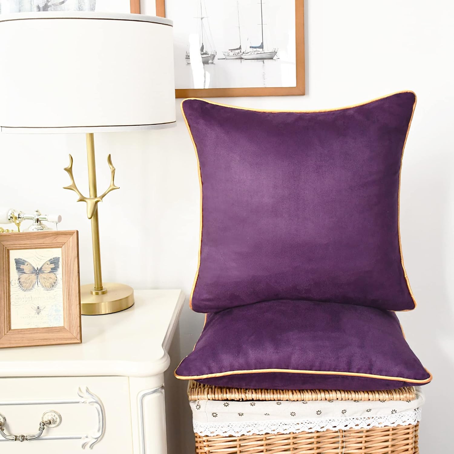 CaliTime Throw Pillow Covers Pack of 2 Super Soft Faux Suede Gold Piping Edge Accent Cushion Cases for Couch Bed Sofa Farmhouse Decorative 20 X 20 Inches Purple