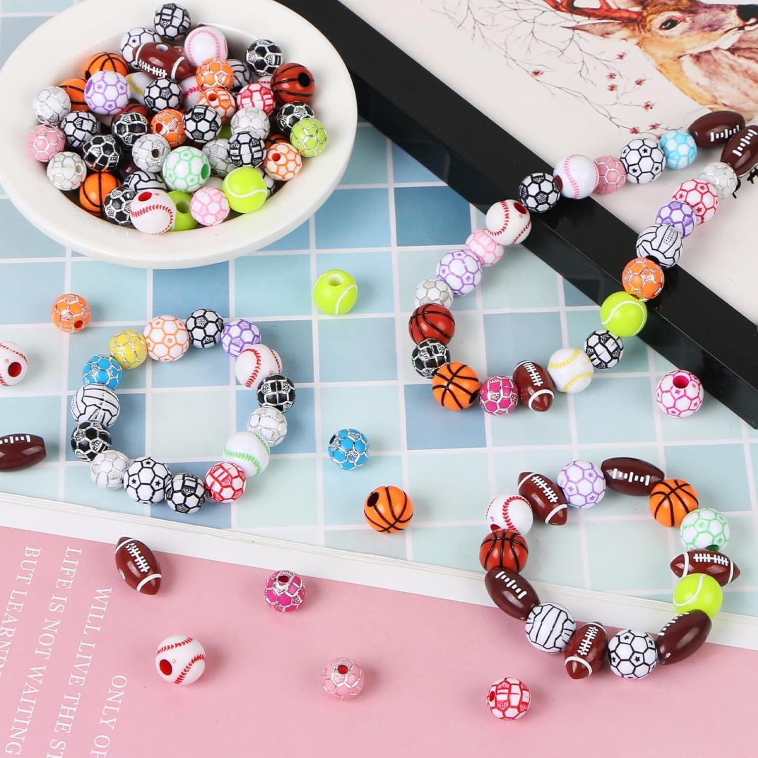 15 Styles Sports Beads Kit for DIY Bracelets, Includes Football Basketball Baseball Tennis Volleyball Soccer Beads with Elastic String & Box