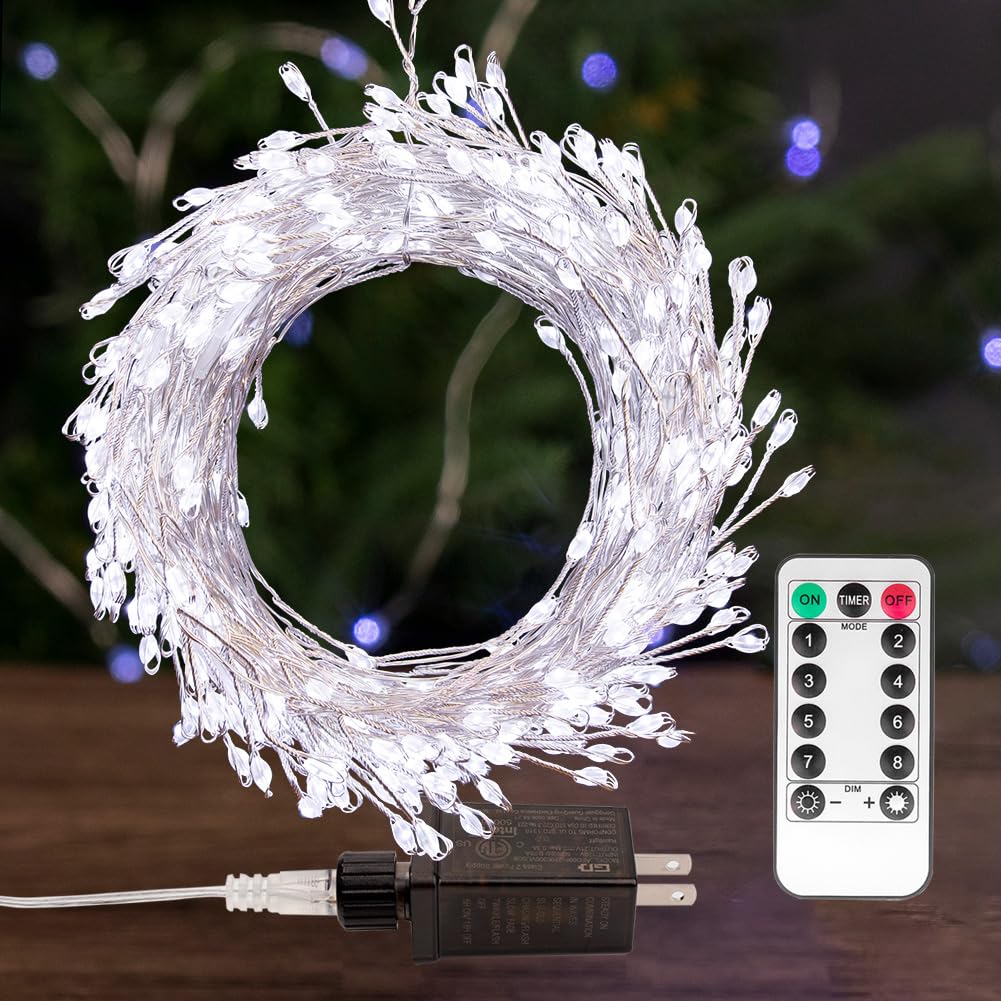 Fairy Lights Plug in, 10 Feet 100LED Cool White Silver Wire Firecracker Firefly Lights with Remote, Waterproof Copper Wire Lights for Bedroom Wreath Window Wedding Christmas Tree Decoration