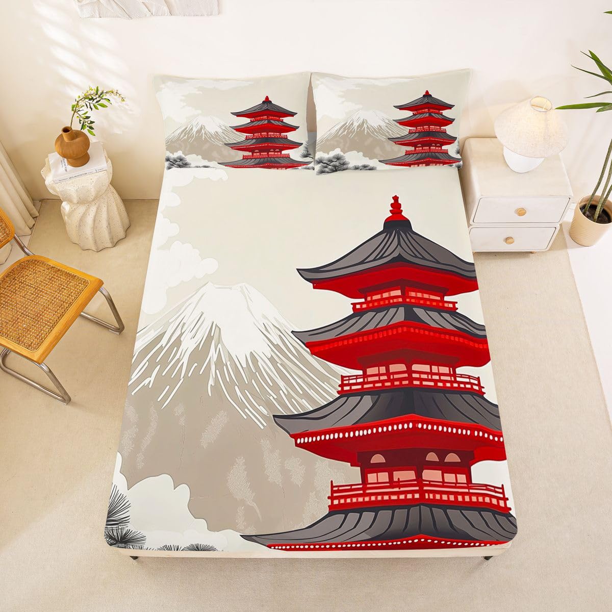 Homewish Mount Fuji zestaw pościeli podwójne japońskie prześcieradła wieżowe Azja Japonia drzewo czerwone zestaw prześcieradeł budowlanych - naturalny krajobraz prześcieradło z gumką 4-częściowy