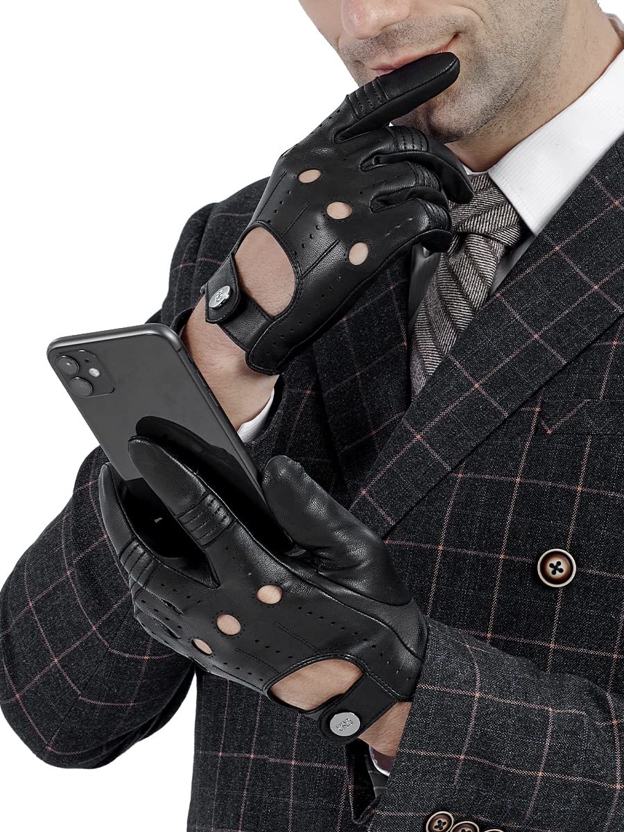 GSG SINCE 1998 Guanti Uomo Vera Pelle Guanti da Guida – Senza Fodera, Pelle di Pecora, Touchscreen, Design Traspirante con Fori, Chiusura a Bottone M210611