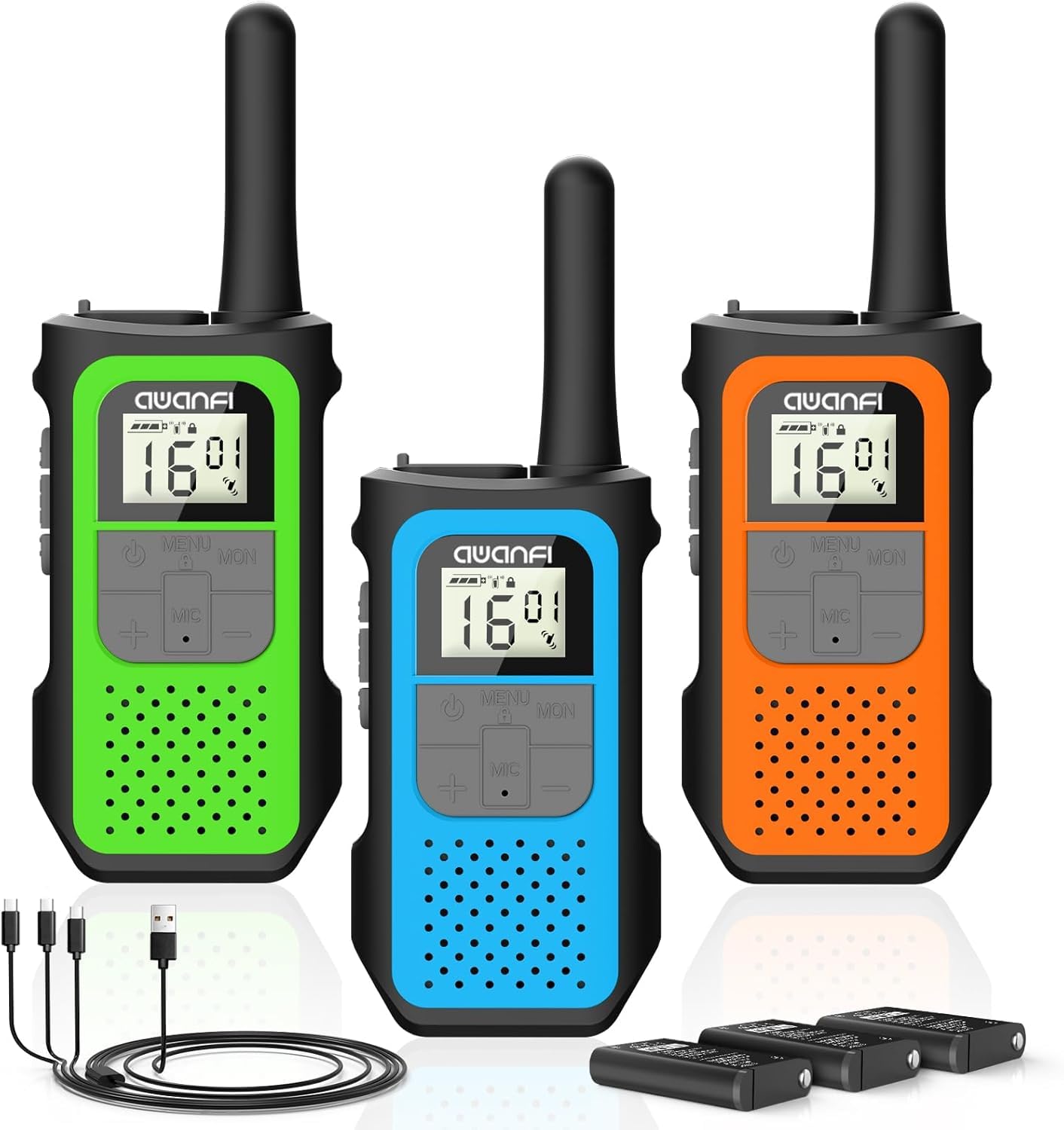 AWANFI Walkie Talkies for Adults Kids, 4 Pack Rechargeable Walkie Talkies with 1200mAh Battery, Long Range 16 Channels Radios, Walky Talky with USB-C Cable, VOX-Hands free for Outdoor Camping Hiking — view 9