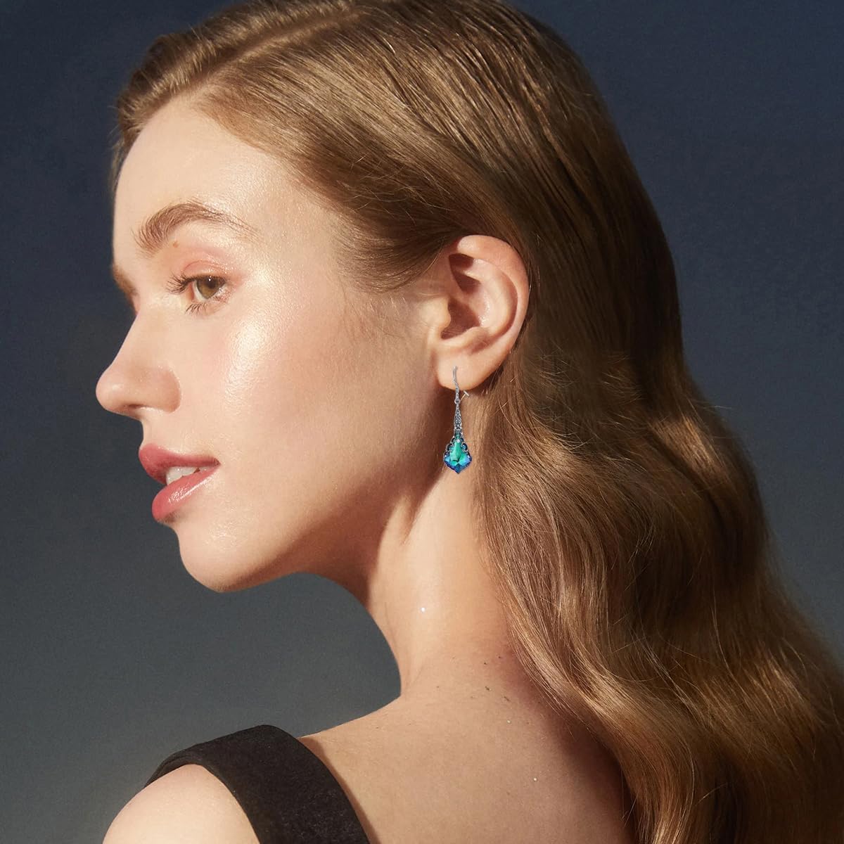 925 Sterling Silver Vintage Oxidized Victorian Leverback Dangle Drop Earrings with 16mm Purple Blue Crystal from Austria Anniversary Jewelry Gifts for Women - Image 2