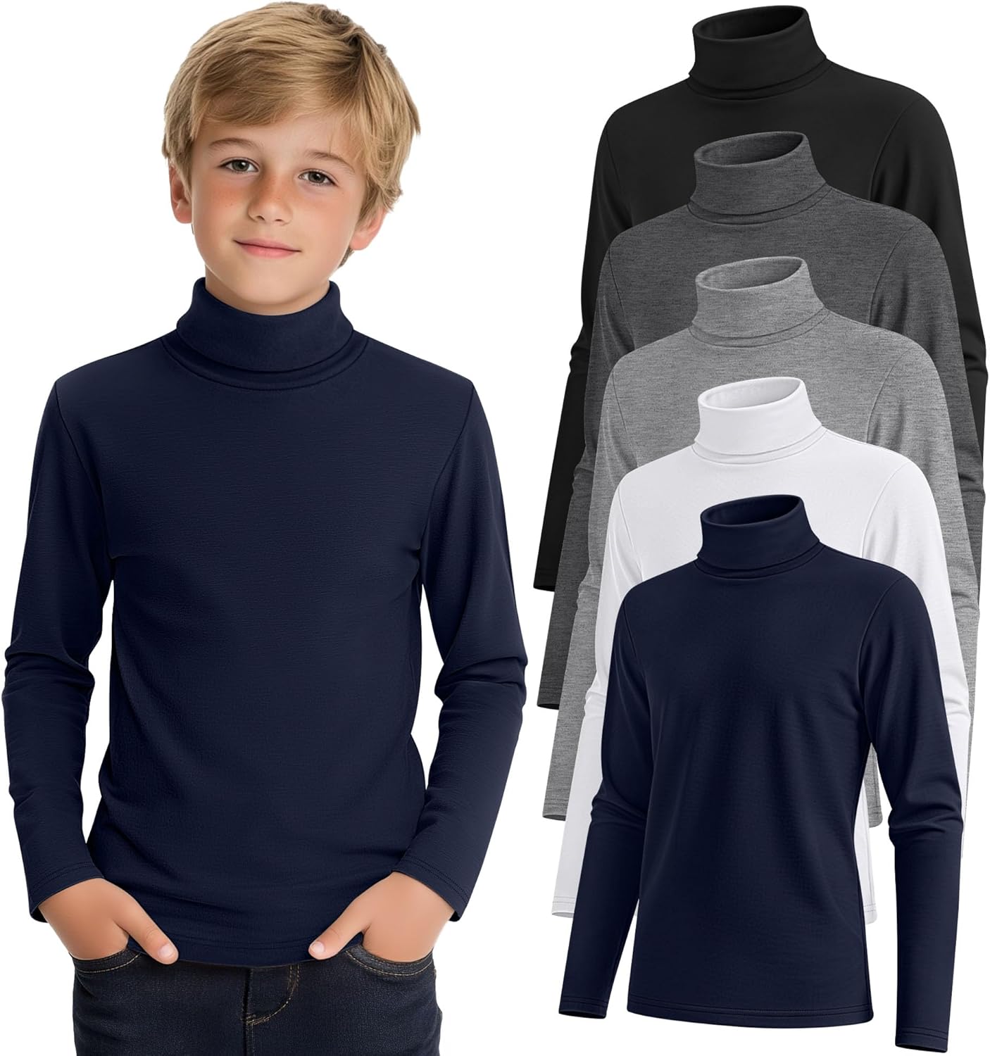 5 Pack Boys Turtleneck Tops, Kids Long Sleeve T Shirts Turtle Neck Pullover Shirts Solid Color Warm Tees