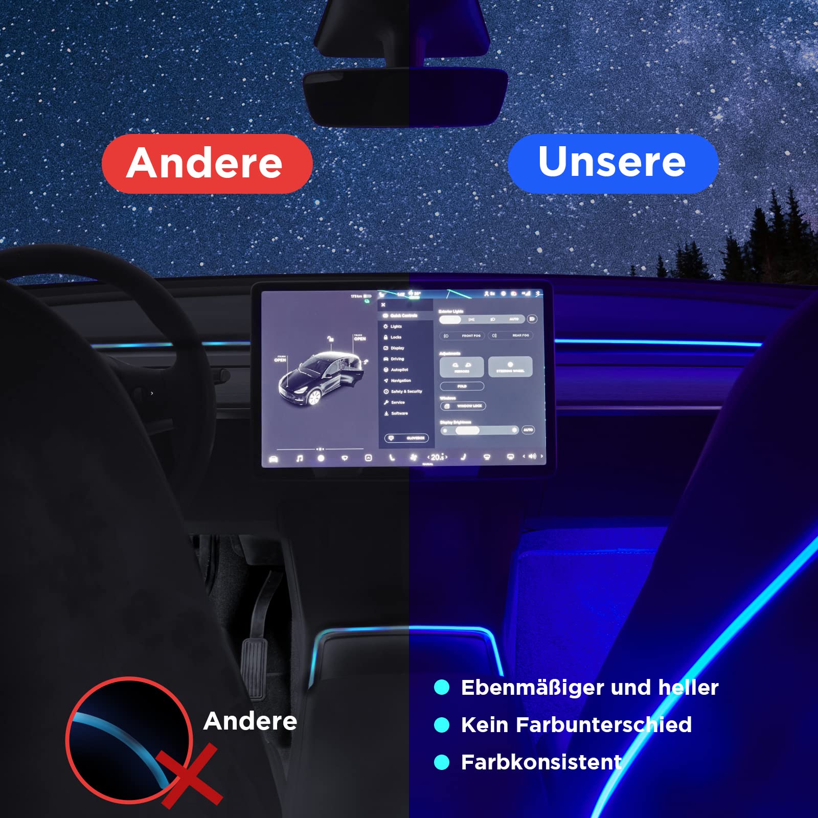 2021-2022Tesla Model 3 Y Neon-Innenbeleuchtung für Autos (Mittelkonsole+Armaturenbrett+Sitzrückseite+4 Fußleuchten) APP-gesteuerte LED-Leuchtstreifen mit Mehreren Szenen-Modi im RGB-Farbraum