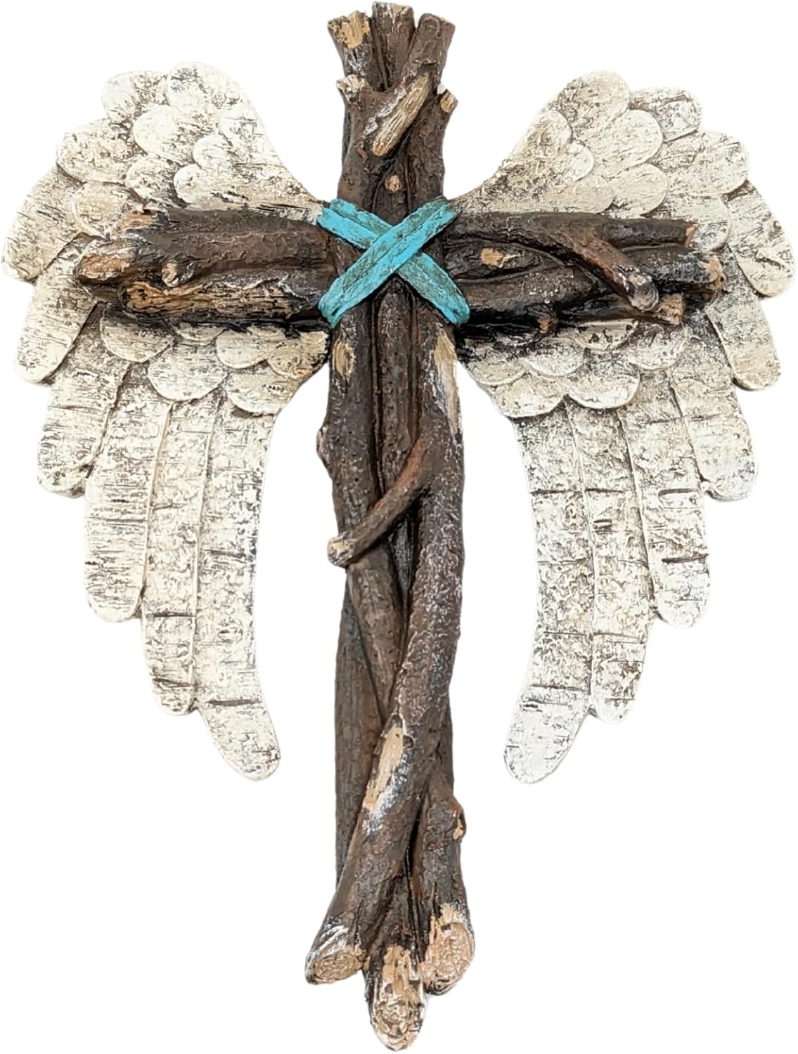 BestGiftEver Rustic Angel Wing Wall Cross - Faux Wood Twig Design with Blue Accent - Spiritual Religious Décor for Home Church Office - Vintage Style - Housewarming Holiday Gift