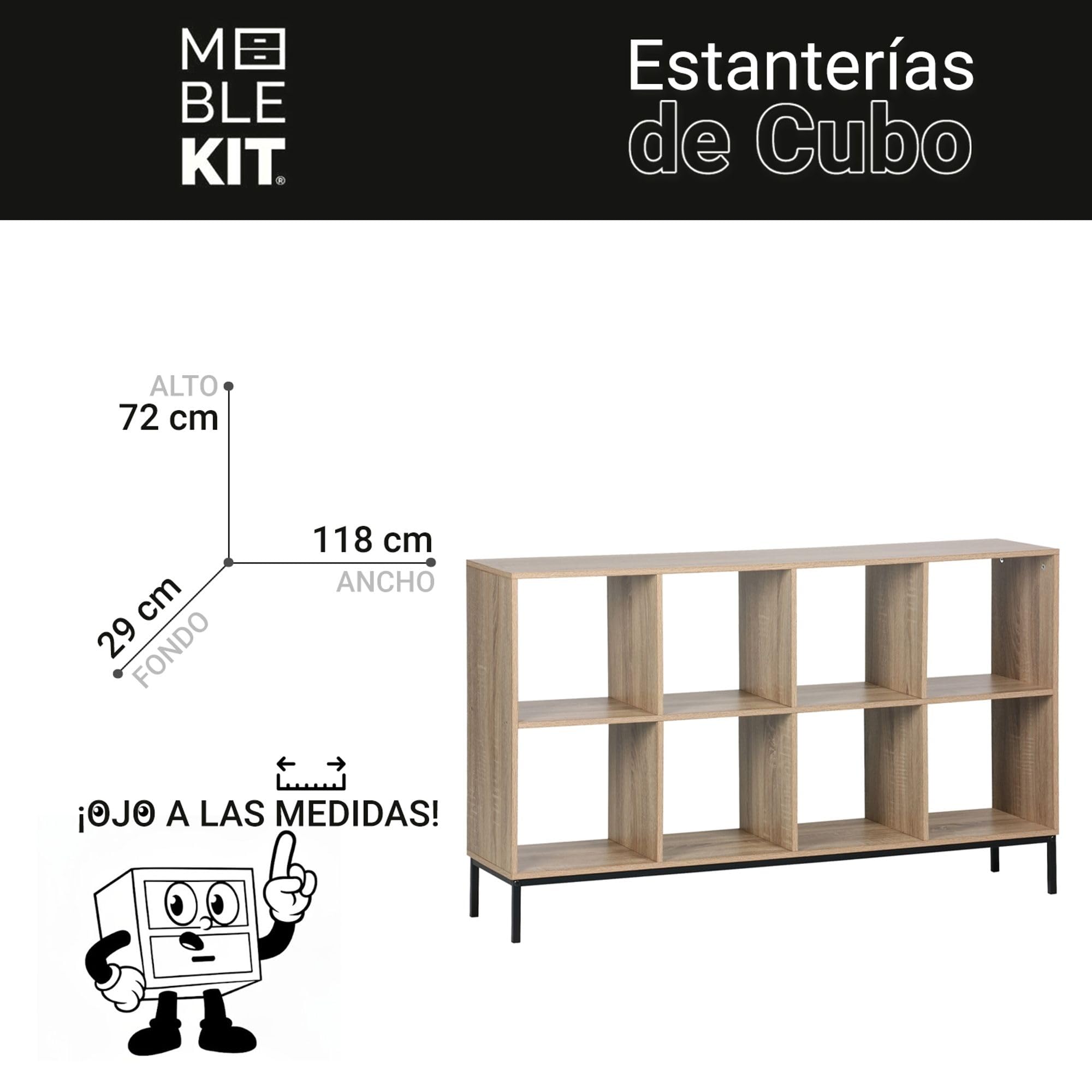 MOBLEKIT | Estantería Cubo 8 Compartimentos 118×29×72 cm, Estantería de Madera con Patas Metálicas, Librería Baja de Almacenaje con Baldas Amplias, Mueble Auxiliar para Salón, Dormitorio o Despacho