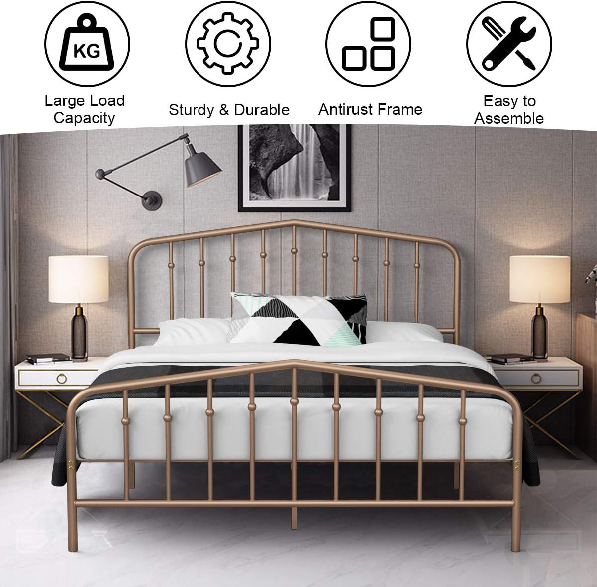 Giantex Metal Bed Frame Vintage Victorian Style, Heavy Duty Platform Bed with Headboard and Footboard, Sturdy Slats, Mattress Foundation No Box Spring Needed, Country Metal Bed (Antique Brown, Full)