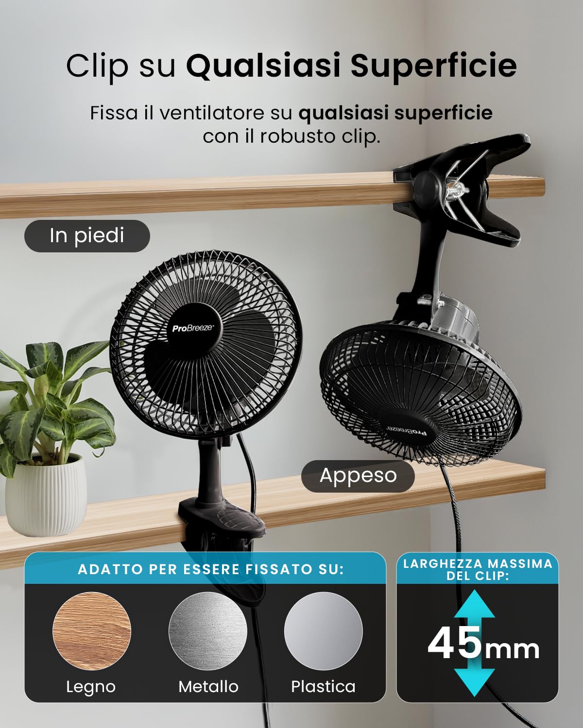 Pro Breeze Ventilatore Nero con Clip– Ultra Silenzioso Ventilatore Piccolo Potente da Tavolo, 2 Velocità, Rotazione 360° e Inclinazione 100°, Ventilatore Portatile per Casa e Ufficio Scrivania, 15W