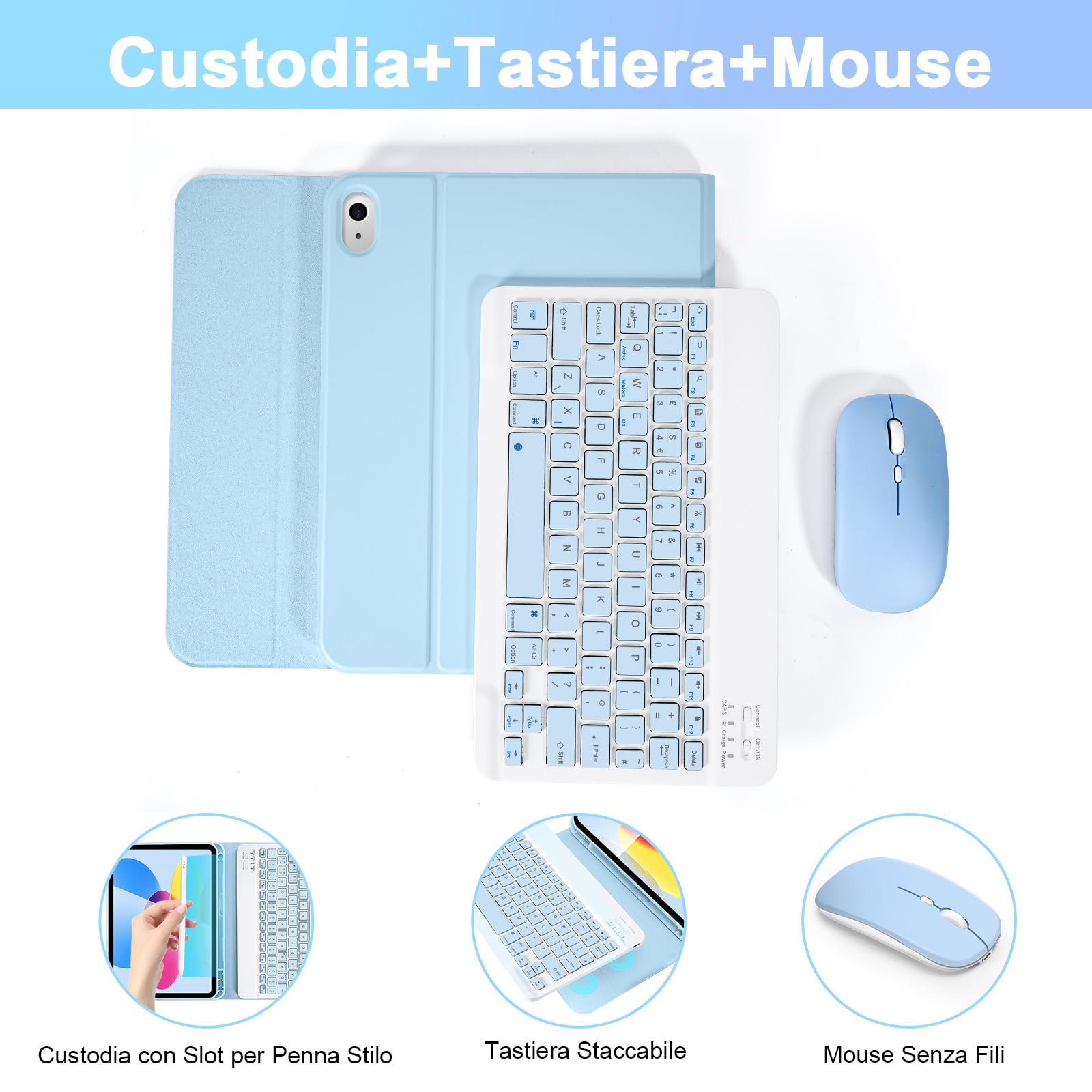 SOPPY Custodia con Tastiera e Mouse per iPad 11a Generazione (A16) 11 Pollici 2025, 10a Gene 10,9 Pollici 2022, cover Protettiva Staccabile, con Slot per Penna Stilo, Layout Italiano - Blu