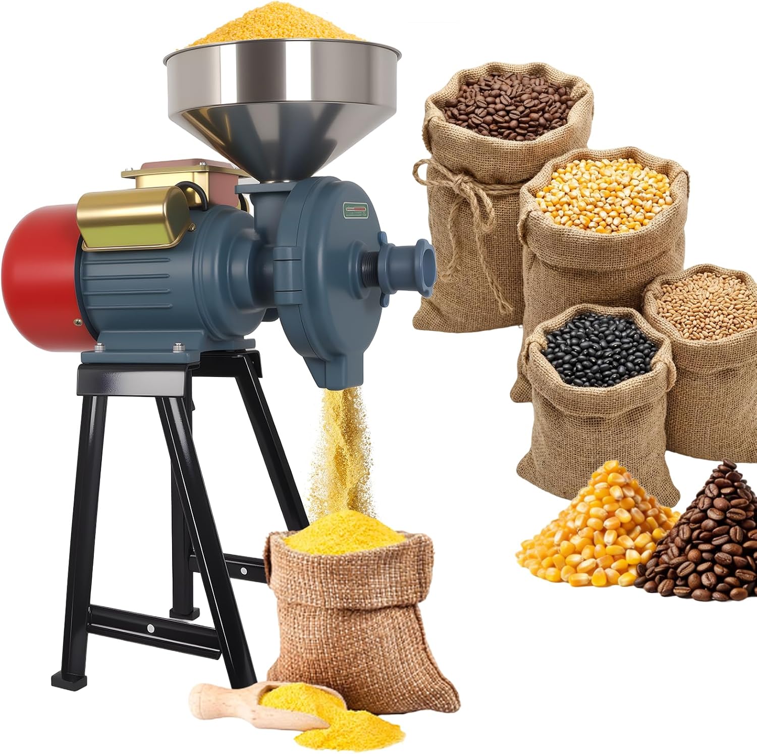 Electric Grain Mill Grinder 3000W 110V, Corn Mill Grinder with Funnel, Thickness Adjustable, Anti-Slip Feet, Wet Dry Grain Mill, Feed Grinder for Corn, Coffee, Herbs
