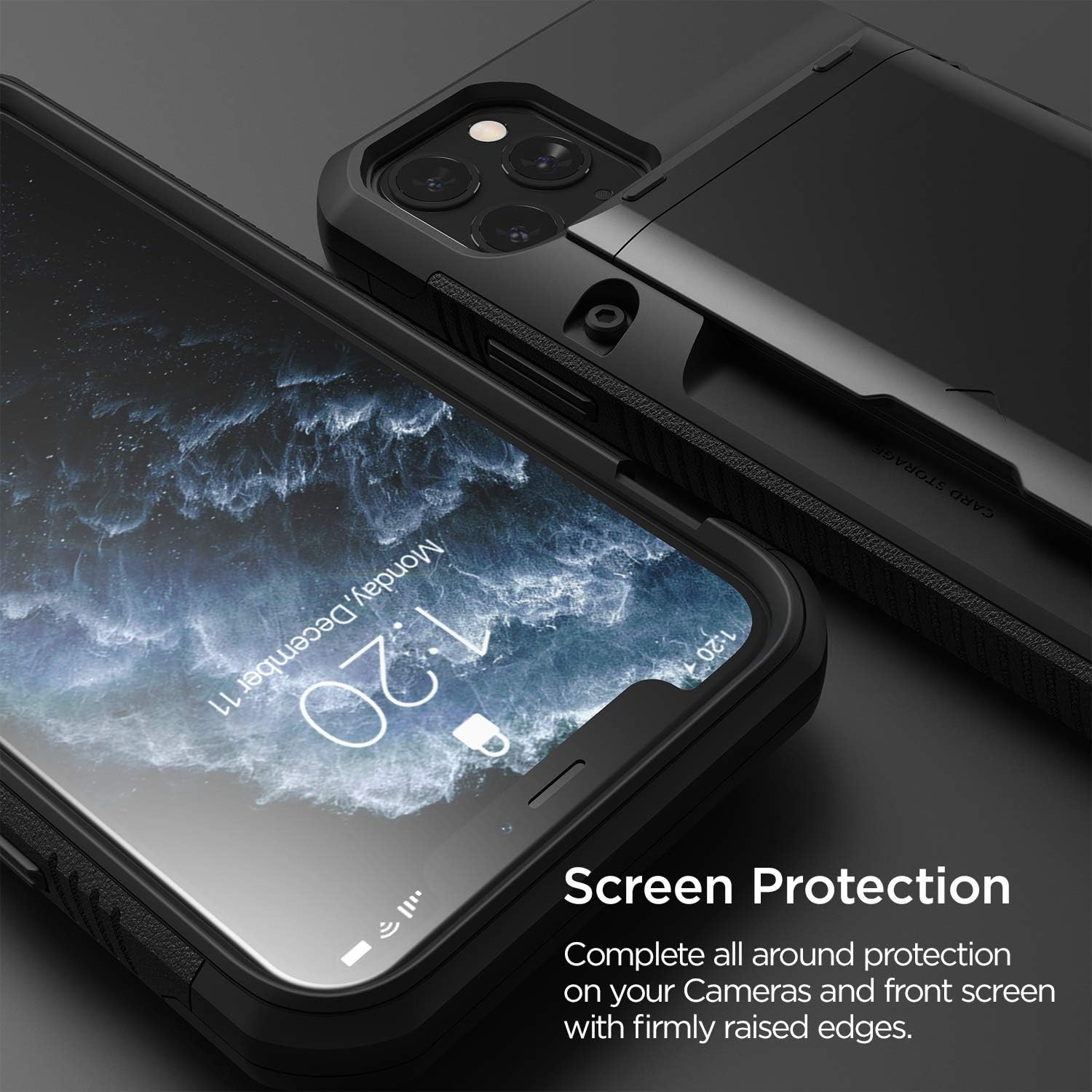 VRS DESIGN Compatible for iPhone 11 Pro Max Case with Card Holder [Damda Glide Pro], Premium Sturdy Semi Auto Card Slot Wallet [4 Cards] Case for iPhone 11 Pro Max 6.5 inch (2019) Logo Black