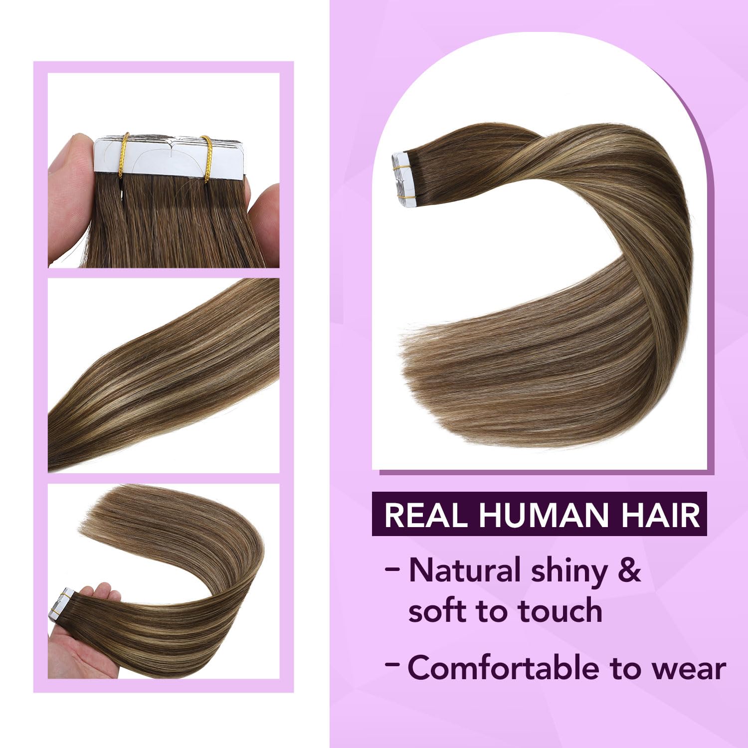 Sindra 22 Inch Tape in Hair Extension Human Hair 20Pcs 50g Balayage Chocolate Brown to Caramel Blonde Seamless Tape in Hair Extensions #4/27/4 22" - Image 3