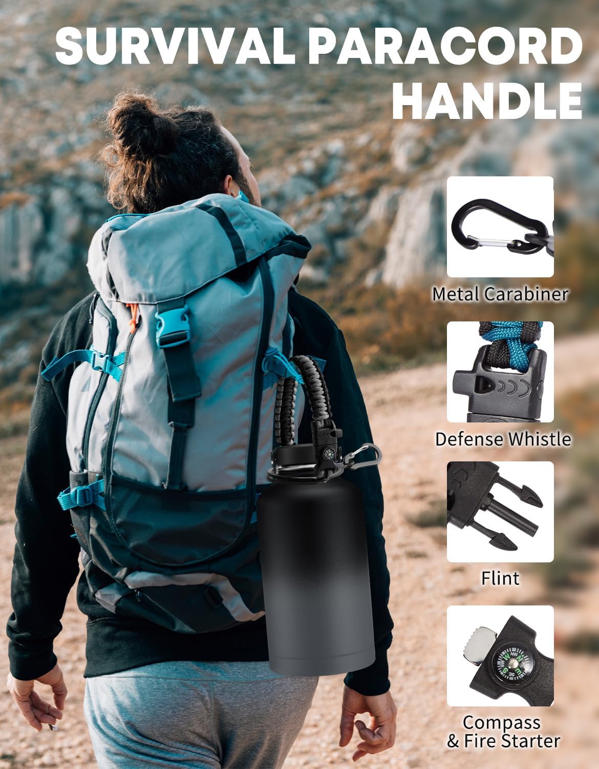 64 OZ Insulated Water Bottles with Straw - Waterbottle Carrier with Strap, Protective Boot & Paracord Handle, Stainless Steel Water Flask Canteen - Image 4