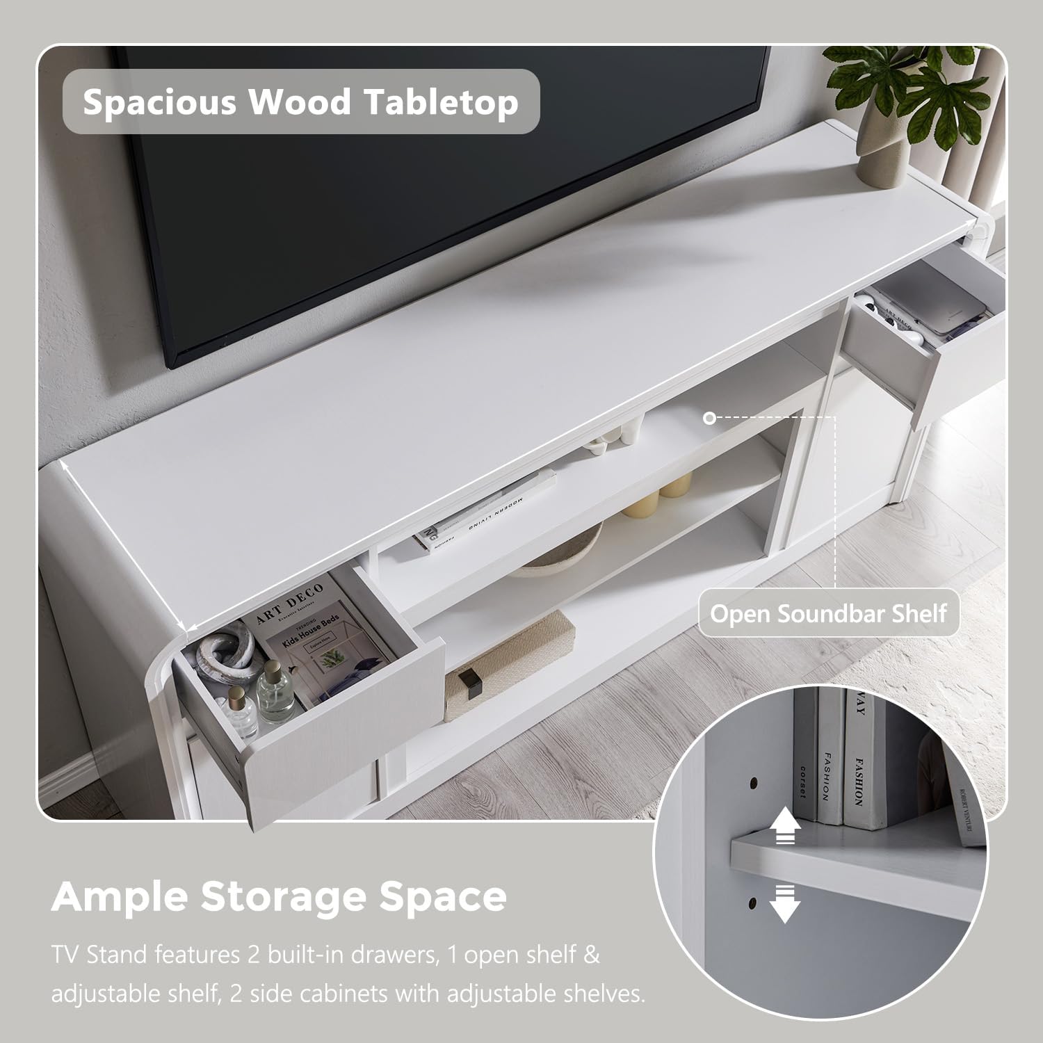 Modern TV Stand for 80 Inch TVs, 32"Tall Entertainment Center w/Storage Cabinet& drawers, Media Console Cabinet w/Soundbar & Adjustable Shelves for Living Room, Curved Profile Design, 70 inch (White) - Image 4