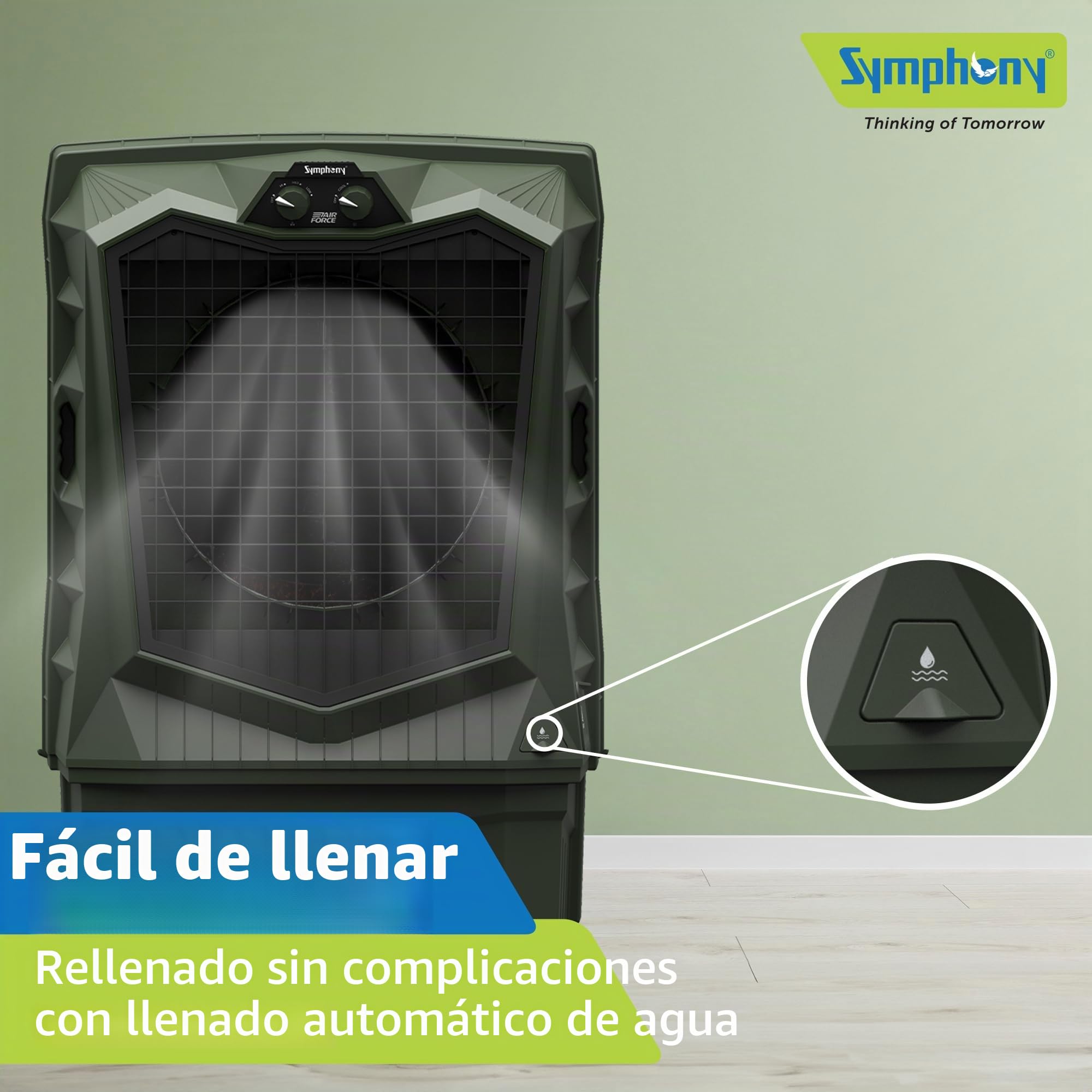 Symphony Air Force 100 Desert Air Cooler | 100L | 375W | Potente ventilador de chorro | Cuerpo resistente a la intemperie | Almohadilla de refrigeración grande de panal | Fácil llenado | Ruedas