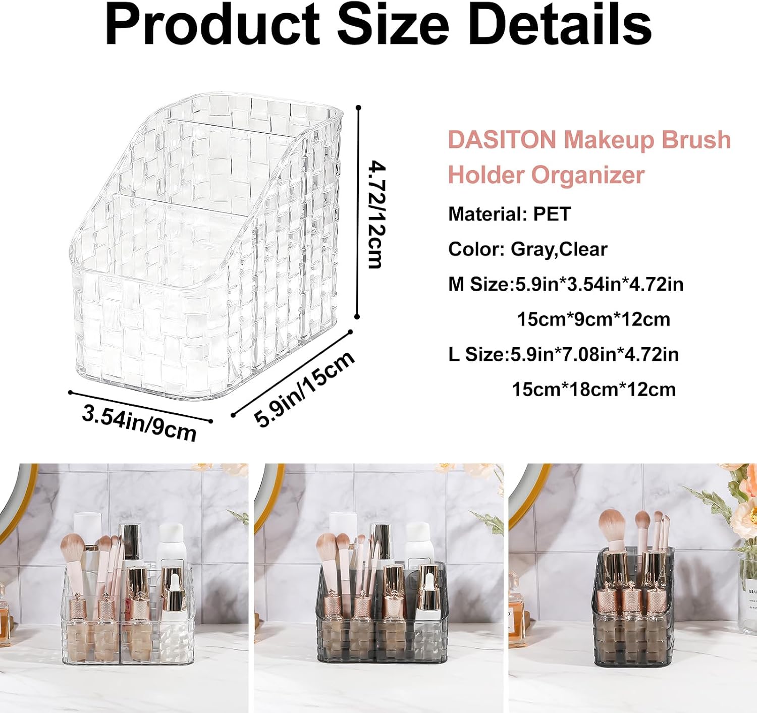 DASITON Makeup Brush Holder Organizer, 3 Slots Acrylic Makeup Brushes Storage Cup, Woven Texture Make Up Brush Holder for Vanity Bathroom Office, Pen Holder for Desk, Cosmetic Display Cases (Clear M)