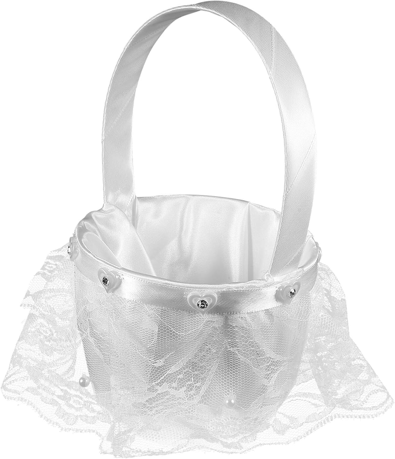 LABRIMP Lace Wedding Flower Girl Basket with Bowknot, White Floral Basket for Bride and Wedding Party, Delicate Bride Flower Container for Ceremony Supplies