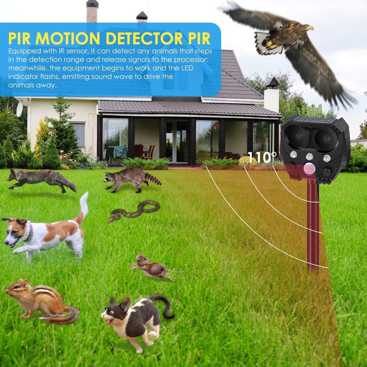 BKEVERPP Ultrasonic Cat Deterrent, 5 Mode Solar Powered Deterrent Device with Motion Sensor and Flashing Light, Outdoor Device for Farm, Garden, Yard, Dogs, Cats, Birds, and More (Black)