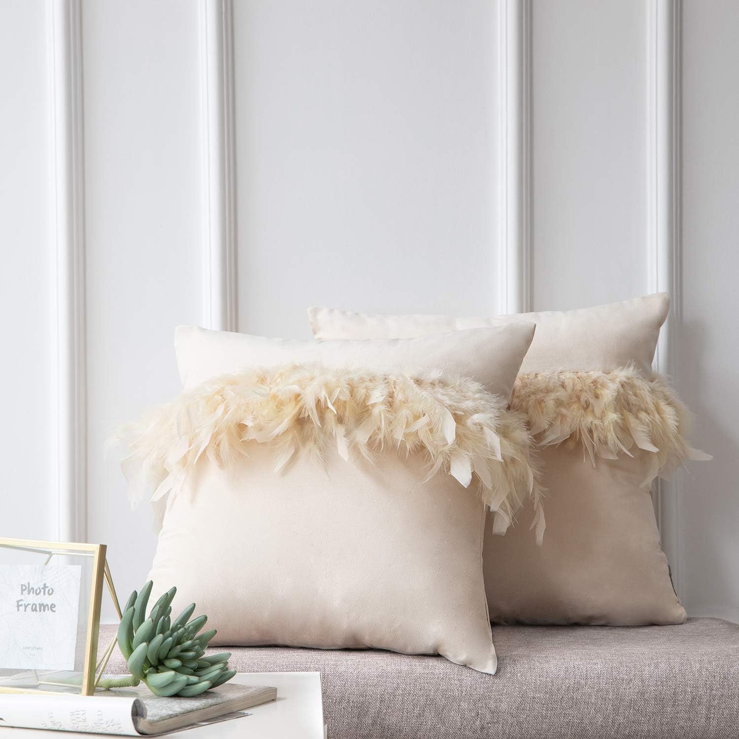 Ashler Pack of 2 Throw Pillow Cases Luxury Decorative Soft Velvet Cushion Covers with Feather for Couch Bed Living Room and Office Chair, Beige 18 x 18 inches 45 cm x 45 cm