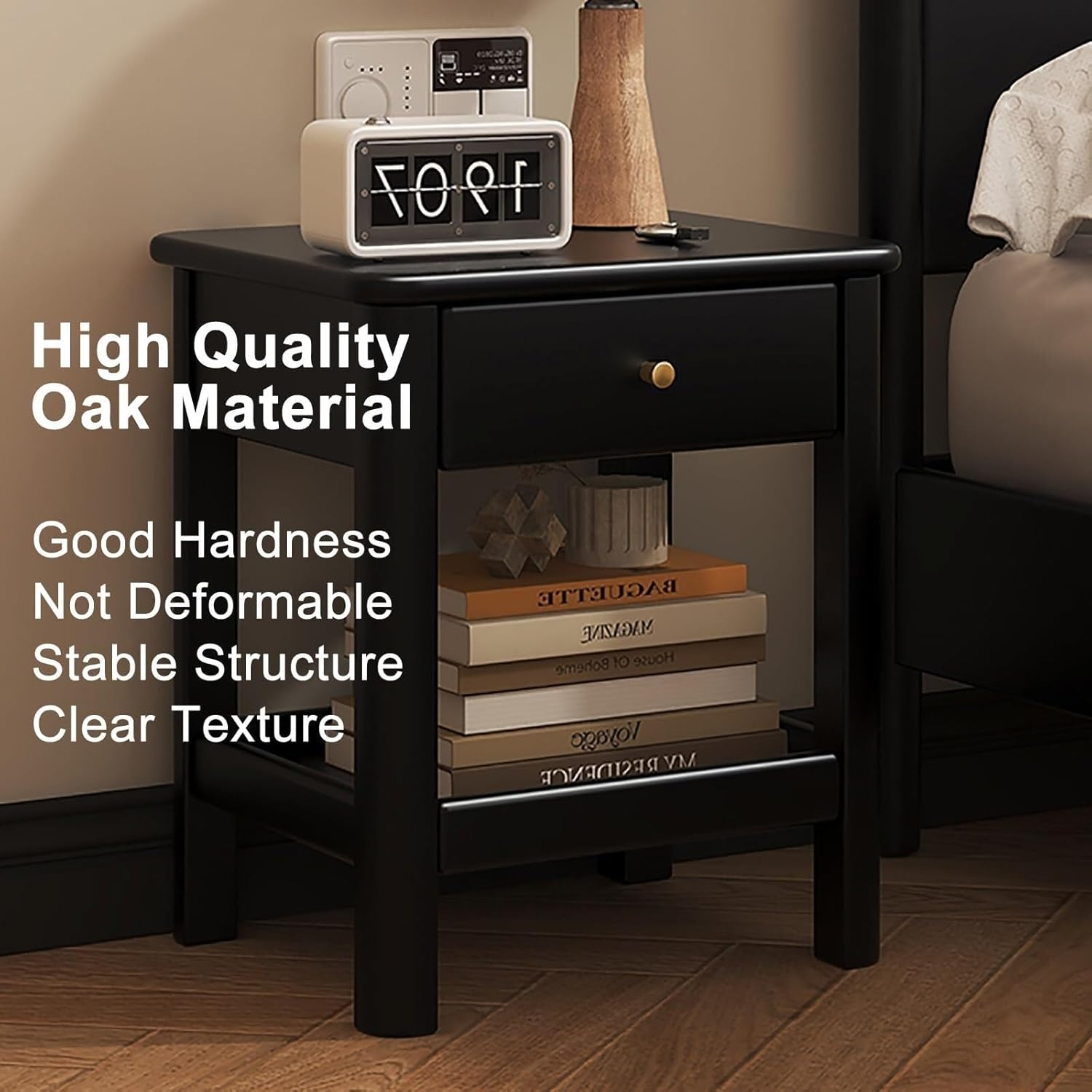 Bedside Table with Drawer & Shelf, Oak Wood Nightstand for Small Spaces, Wooden Side Cabinet End Table for Bedroom & Living Room(Brown)