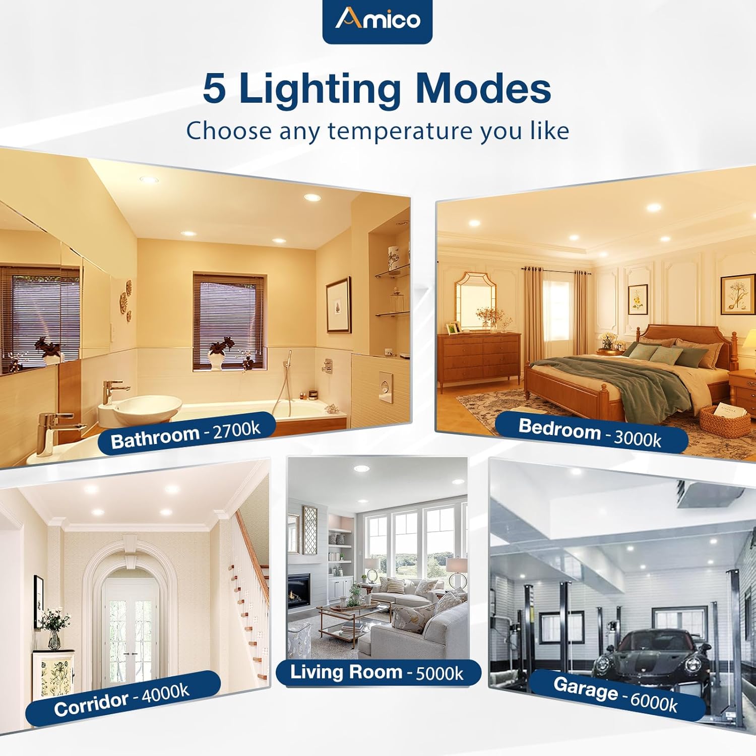 Amico 36 Pack 5/6 inch 5CCT LED Recessed Lighting, Dimmable, 11W=100W, 1100LM, 2700K/3000K/4000K/5000K/6000K Selectable, Retrofit Can Lights with Baffle Trim, ETL & FCC Certified