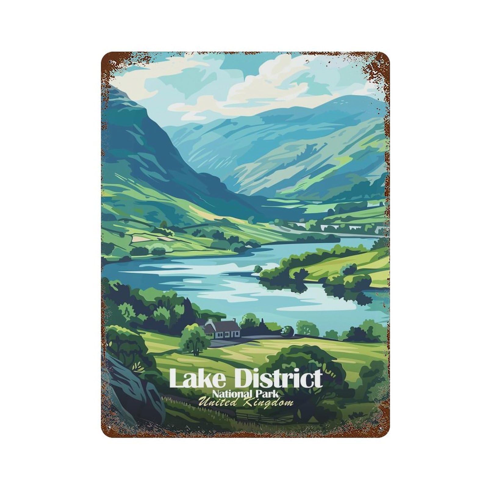 Lake District National Park Illustration Weathered Tin Sign 15.7"x11.8", Ideal for Shed, Workshop And Garage Wall Decor