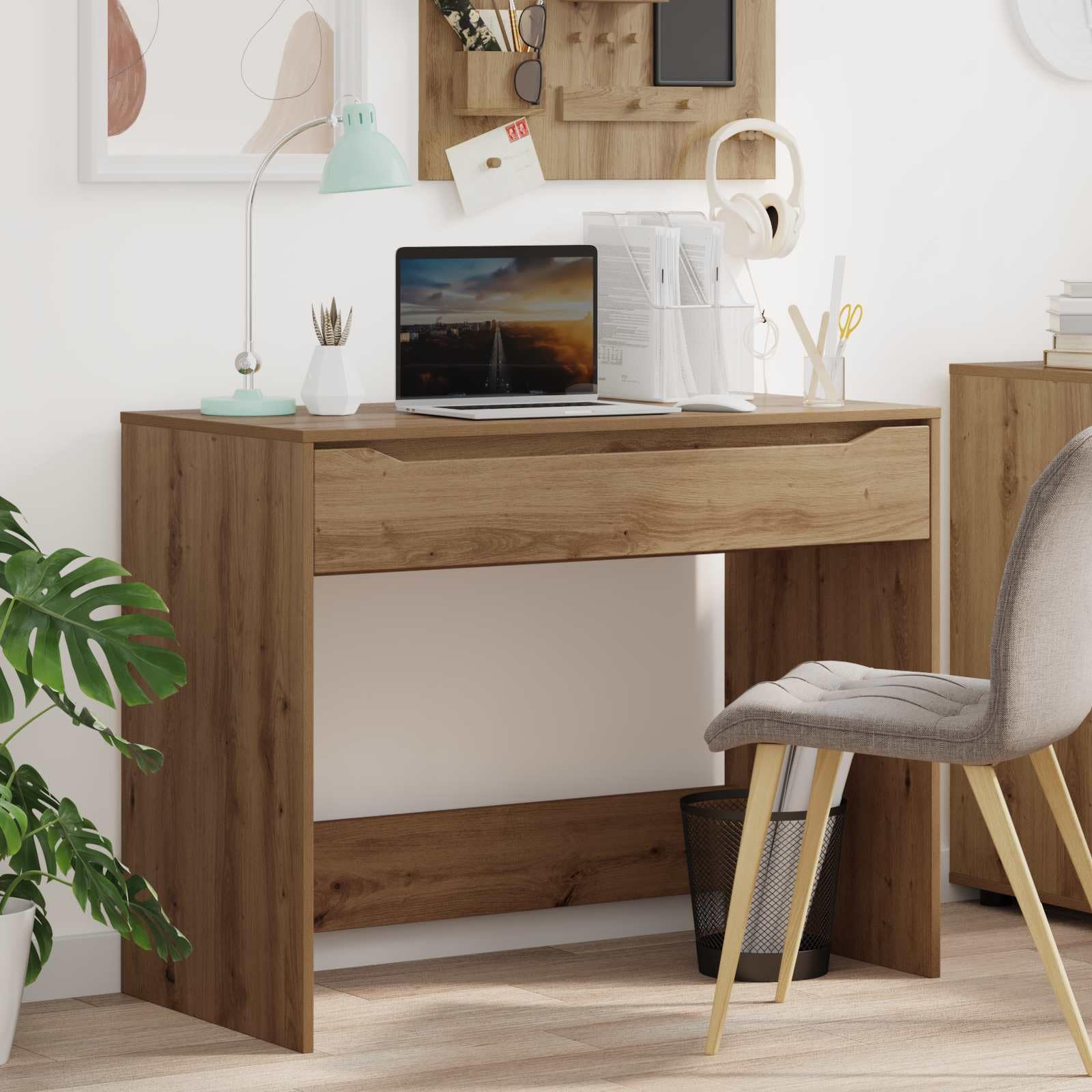 Biurko Artisan dąb drewnopochodny z szufladą, 100 x 50 x 78 cm, do domu, biura, gabinetu, stabilna powierzchnia do monitorowania laptopa i porządku