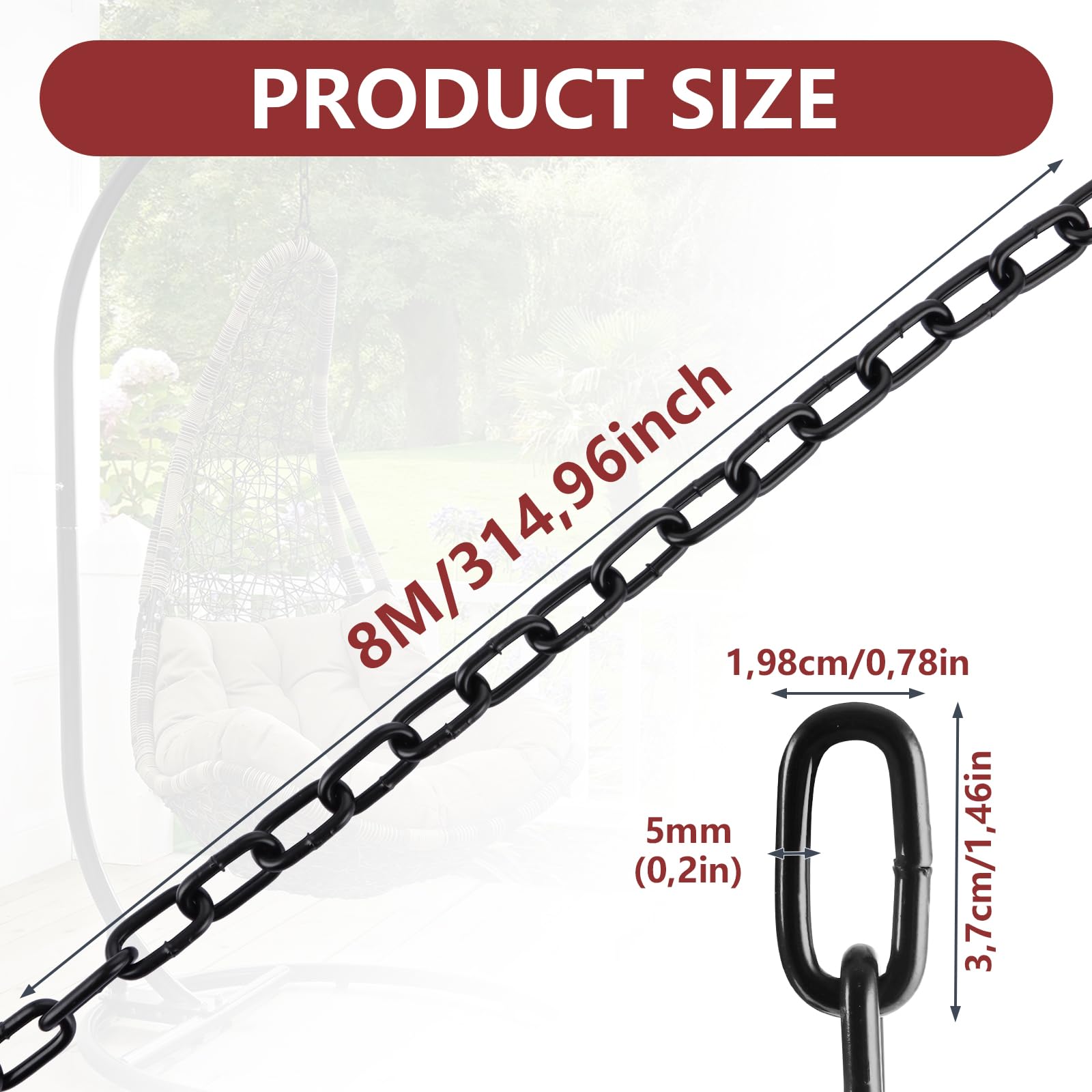 Cadena de acero de 5mm x 8m, cadena de eslabones de 5mm x 8m, cadena de acero negro de carbono, cadena de metal para collar de perro, cadena de columpio, cadena de ancla, cadena para silla
