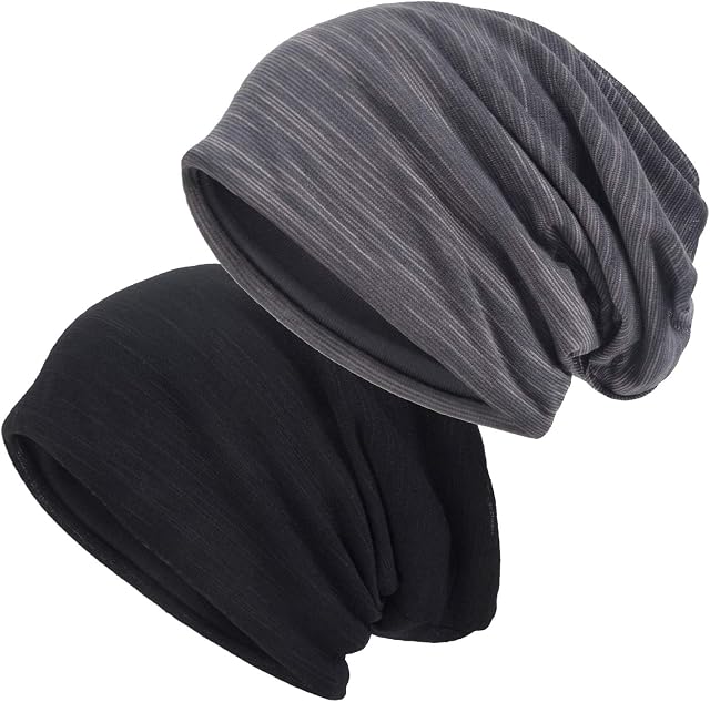EINSKEY Slouch Beanie Hat, 2 Packs Unisex Jersey Skull Cap Baggy Hat Fashion Headwear for Men & Women