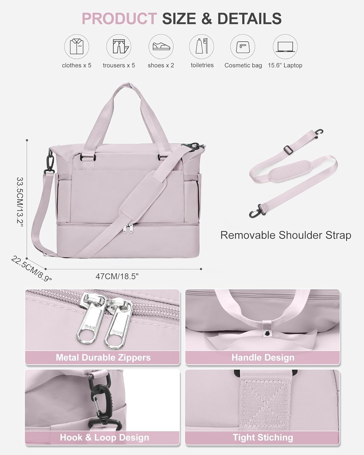 Weekender Bags for Women, Travel Duffel with Shoe Compartment USB Charging, Carry On Gym Duffle Bag with Wet Pocket, Personal Item Overnight Tote Bag for Airlines, Lotus Pink - Image 4