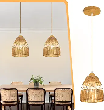 2 Pack Boho Rattan Pendant Light Kitchen Island, Farmhouse Chandeliers Adjustable Height Hanging Lamp for Dining Room, Kitchen Ceiling Lights Fixtures with Hand Woven Wicker Lampshade Lighting