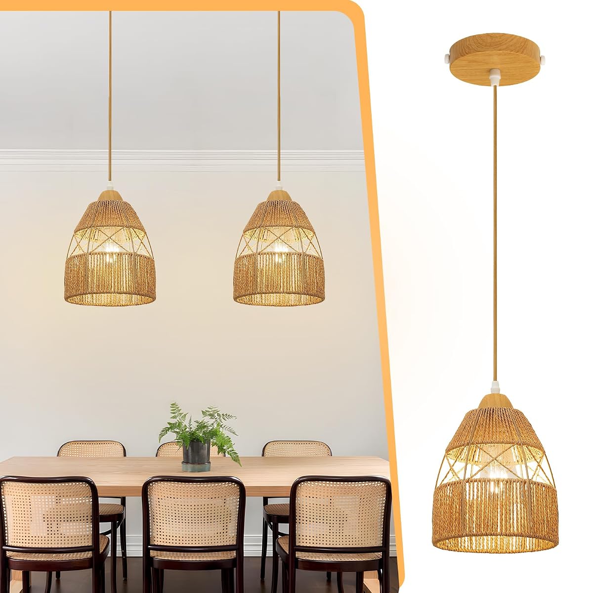 OTeedo 2 Pack Boho Rattan Pendant Light Kitchen Island,Farmhouse Chandeliers