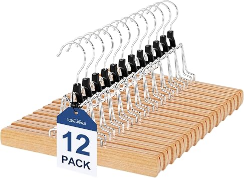 TOPIA HANGER 12 Pack Wooden Pants Hangers, Hair Extension Hangers Non Slip Skirt Hanger Wood Clamp with Velvet Padded 360 Swivel Hook for Jeans, Skirts, Trousers, Wigs Natural CT67N