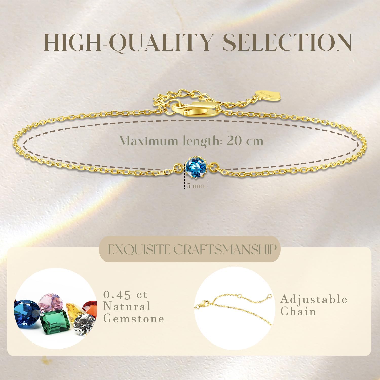 FANCIME 14K Solid Yellow Gold Natural Gemstone Delicate Petite Bracelet Birthstone Fine Jewelry Anniversary Christmas Holiday Gifts For Women, 6+1.2 Inch