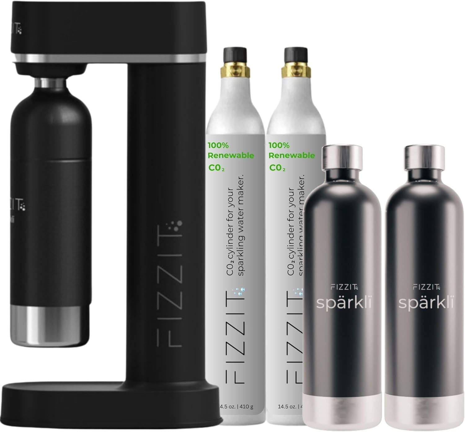 Black Stainless Steel Sparkling Water Maker with 2 CO2 Cylinders & 2 Reusable Bottles
