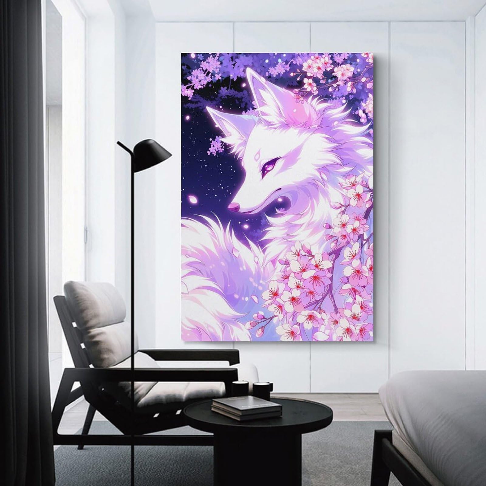 Junmoney Unframe-Style-24 Home Decor Wall Art White Fox With Cherry Blossoms, 16X24inch(40X60cm), For Bedroom Decor, Cosy Corners Or Studios, Decorative Wall Art For Cosy Rooms