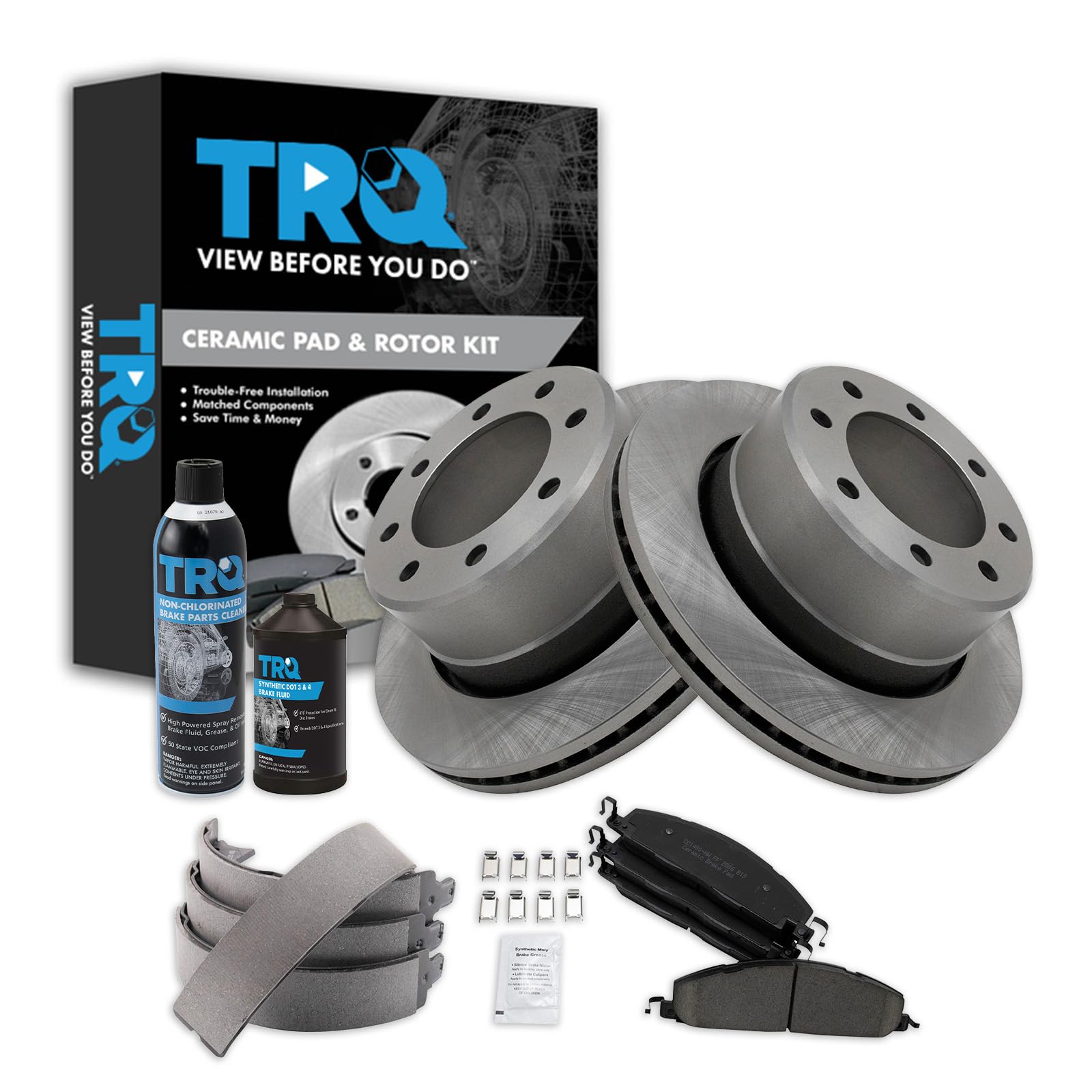 TRQ Rear Brake Pad &amp; Rotor Kit, with Chemical Kit Parking Brake Shoe Set Ceramic Compatible with 2009-2010 Dodge Ram 2500, 3500 2011-2018 Ram 2500 3500